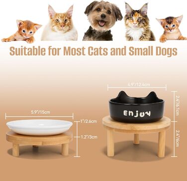 Миски для котів Erhöhte Katzen-Becher, широкі миски для котів з кераміки на бамбуковому підставці для домашніх тварин, миски для корму або води, зручні для вусів, для маленьких собак та кошенят в приміщенні (білі(2шт)) (чорні(3шт))