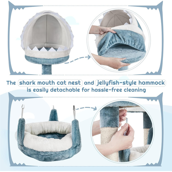 Котячий комплекс Yaheetech Meer Kratzbaum, великий, сучасний дизайн 'Океан', з гамаком та мотузкою з сизалю, 115 см, блакитно-білий