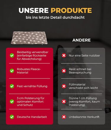 Лежак для собак HS-Hundebett® M 65x95 см, двосторонній, м'який, 3 см наповнювач, для дивану, авто та клітки, лапка, бежевий, вироблено в Німеччині