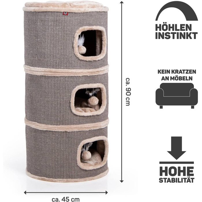 Котячий будиночок Tony з сизалю, 90 см, котячий будиночок для ігор, котячий будиночок з 3 печерами, котячий будиночок, котячий тур, котячі меблі, плюш з іграшкою, бежевий