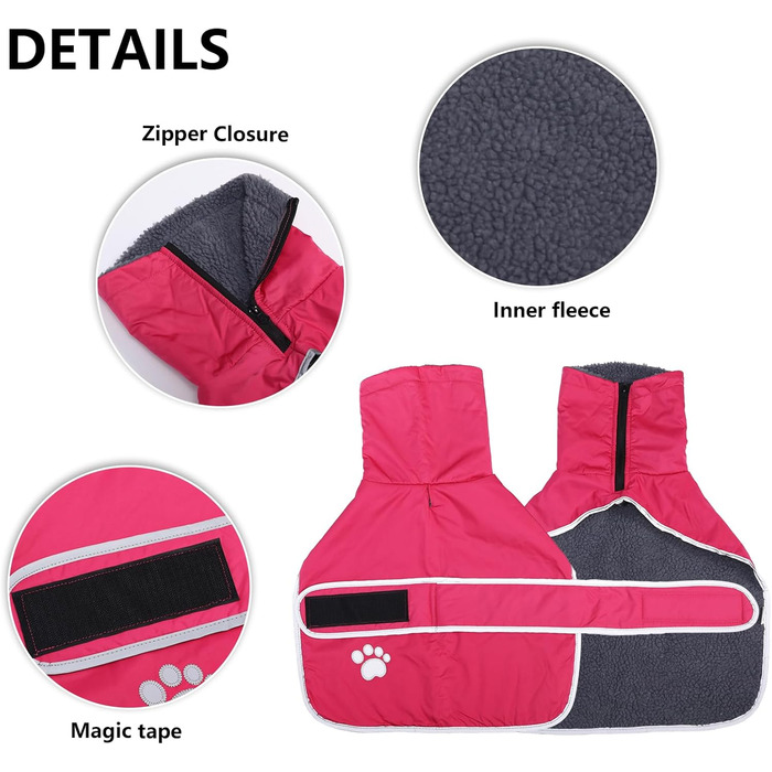 Зимовий теплий одяг для такси (джек) - водонепроникний, з підкладкою з плюшу та отвором для поводокa, відображає світло, рожевий, M (довжина спини 42-45 см)