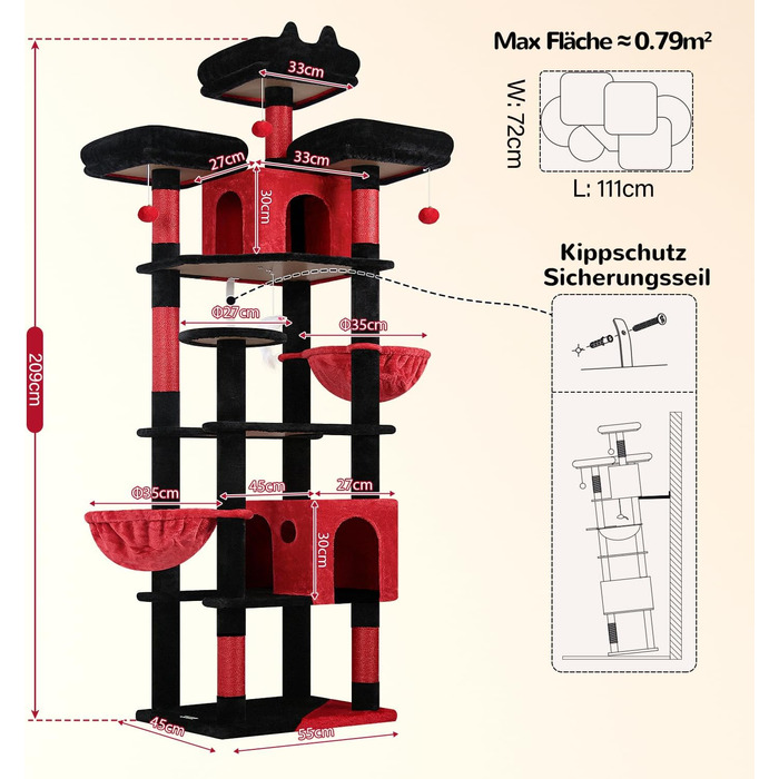 Драбина-будинок для котів Globlazer XXL 209 см з 3 сидіннями, 2 будиночками, 2 кошиками та великою платформою. Стабільна, для 3-5 котів.