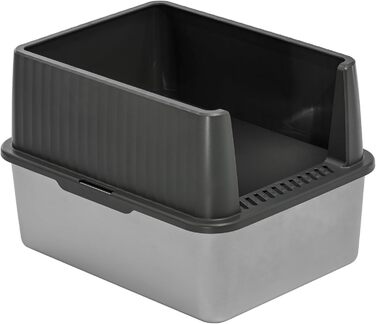 Туалет для котів з нержавіючої сталі з бортиком 44x34x30 см, сірий-сріблястий, з лопаткою