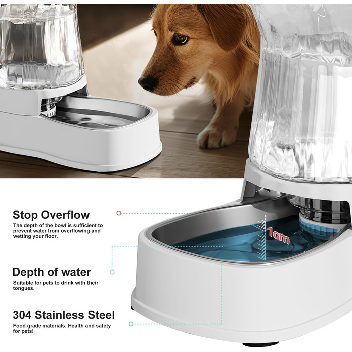 Автоматична годівниця та поїлка для котів і собак Gardner Pet, 3,85 л, без електрики, BPA Free, з нержавіючою чашею, гравітаційний дозатор води, для середніх і великих домашніх тварин, біла