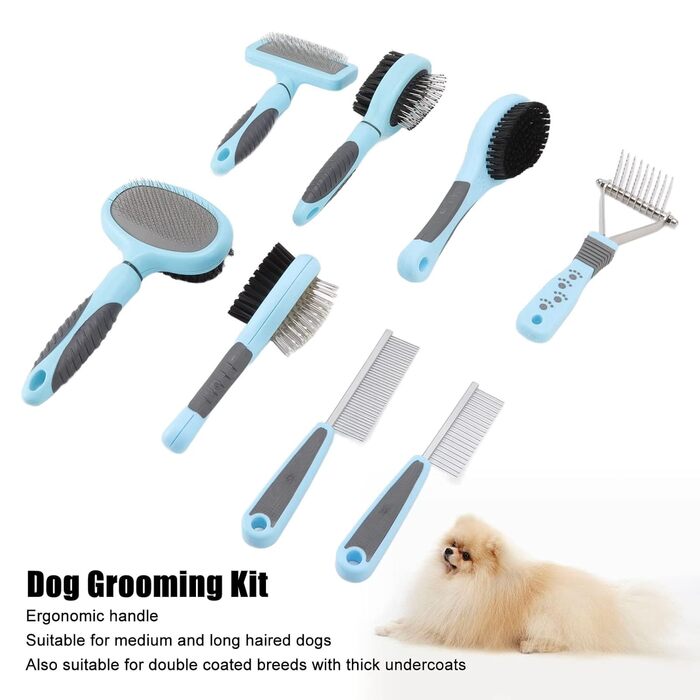 Набір гребінців для собак та котів 8 в 1: багатофункціональний інструмент для догляду за довгою шерстю, гребінь з нержавіючої сталі, ергономічна ручка, ефективне видалення ковтунів