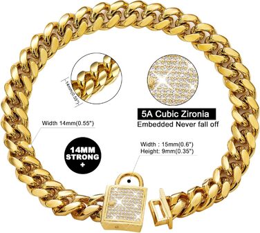 Стильний нашийник для собак Cuban Link, золотистий, з цирконієвою застібкою, ширина 14 мм, довжина 35,6 см