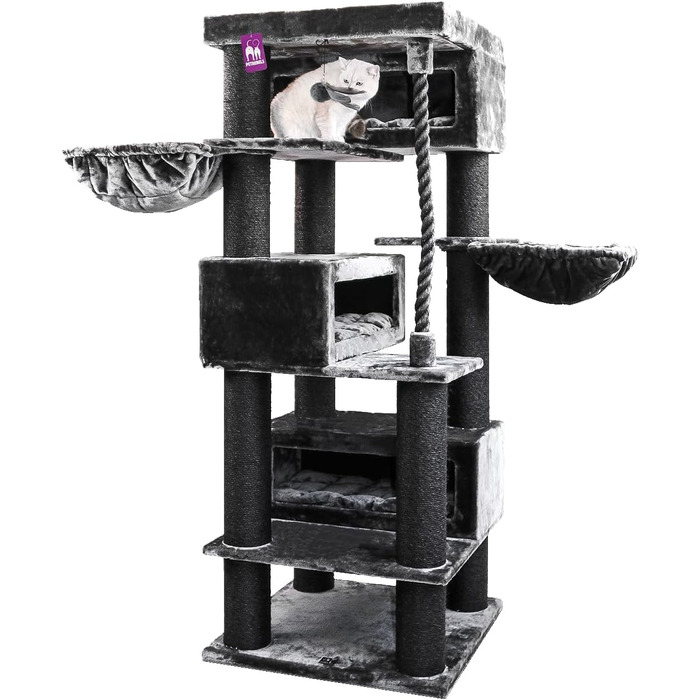 Дряпка для великих котів Petrebels Turnpike XXL 200 см, чорна, стовпи Ø15 см, Maine Coon, 76x76 см