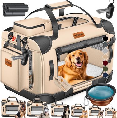 LOVPET® Транспортна переноска для собак та котів, 60x42x44 см | Складана переноска для тварин з мискою та плечовим ремінцем | для котів та собак, Бежевий M