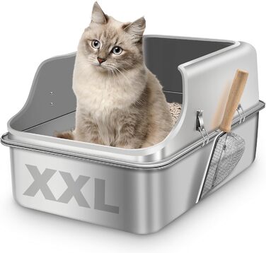 Великий котячий туалет з нержавіючої сталі XXL з високим бортом, відкрита кішкова туалетна коробка з металевою лопаткою, легко миється (60x40x35 см)