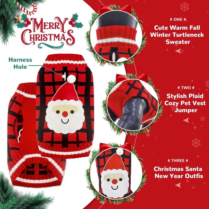 Теплий різдвяний светр для собак з отвором для язика, червоний в клітинку, олень, костюм для собак, підходить для малих, середніх та великих собак, котів, теплий осінньо-зимовий одяг, цуценят, одяг для собак, преміум якість, червоний в клітинку, олень (XX