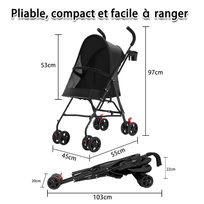 Дитяча коляска для тварин Homewell, складана, з тримачем для напоїв та ременем безпеки, вантажопідйомність 15 кг, колеса з блокуванням, чорна