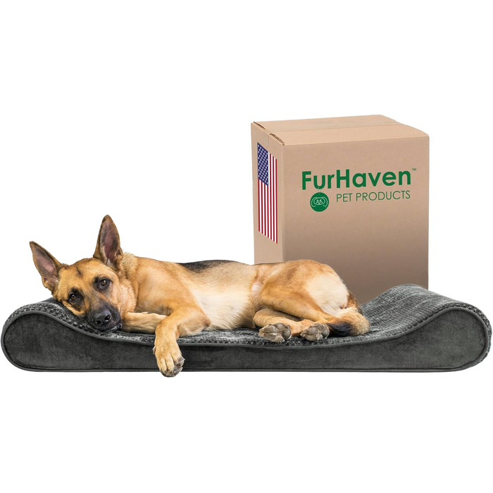 Ортопедичне ліжко для собак Furhaven, великі породи, до 34 кг, знімний водонепроникний чохол, Minky Plüsch & Samt, сірий колір, розмір Jumbo/XL (114 x 76 x 15 см)