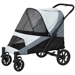 PawHut Коляска для собак Dog Buggy складна для великих собак і кішок до 30 кг Баггі для кішок з подушками Сітчасті вікна Двері Сумка для зберігання Котяча коляска з страхувальними тросами, гальмами, баггі Сірий | Аосом