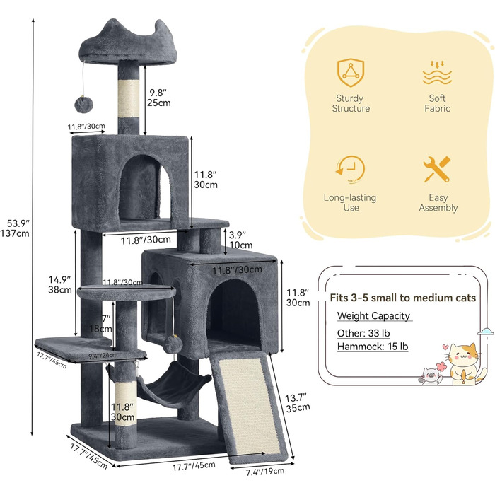 Кігтеточка YITAHOME XXL для котів, 137 см, сіра: 8 стовпів з сизалю, 3 платформи, 2 печери, гамак, іграшки