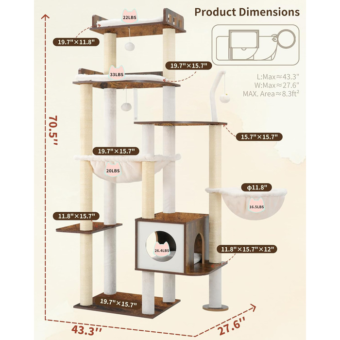 Дерев'яний котячий комплекс Heybly Kratzbaum HCT121WB (Vintage-Braun), 179 см, з будиночком, гамаком та сизалевими стовпчиками