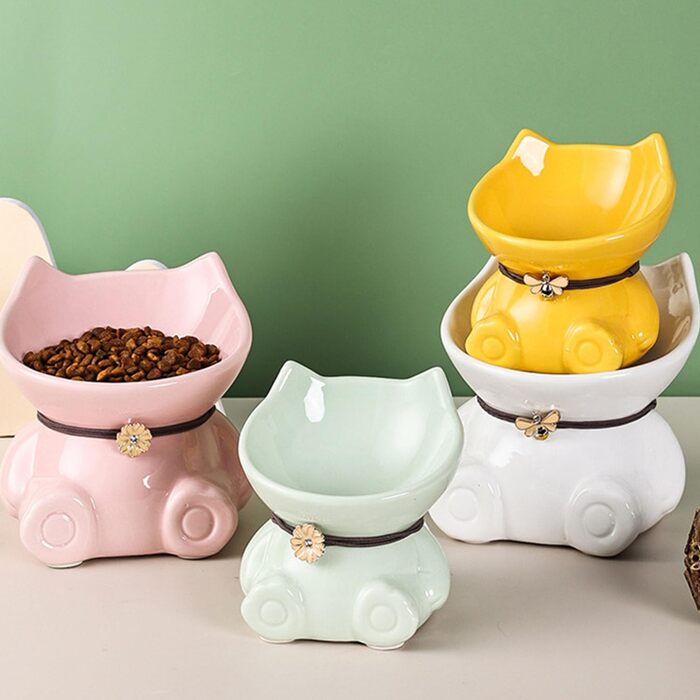 Миска для кота Disoza, піднята, кераміка, зелена, 14.8x14.6x14.3 см, миска у формі кота, для годування, сумісна з посудомийною машиною