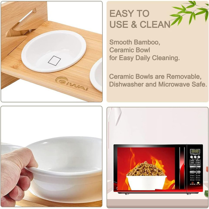 Підвищуюча миска для корму для собак та котів з кераміки з бамбуковим підставкою, нахилена платформа для котів та маленьких собак 36*14.2