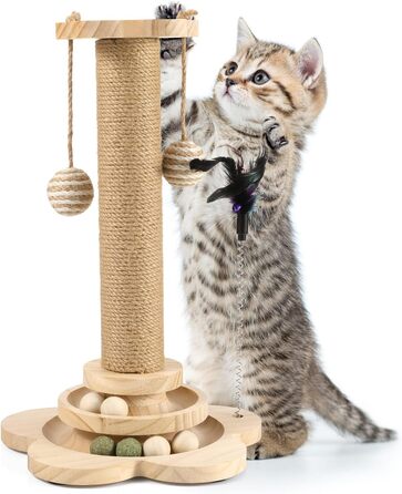 Котячий когтетоп Newofview: когтетоп-стійка 40 см з іграшками, м'ячиком, обертовим диском, пір'ям та мотузкою з сизалю