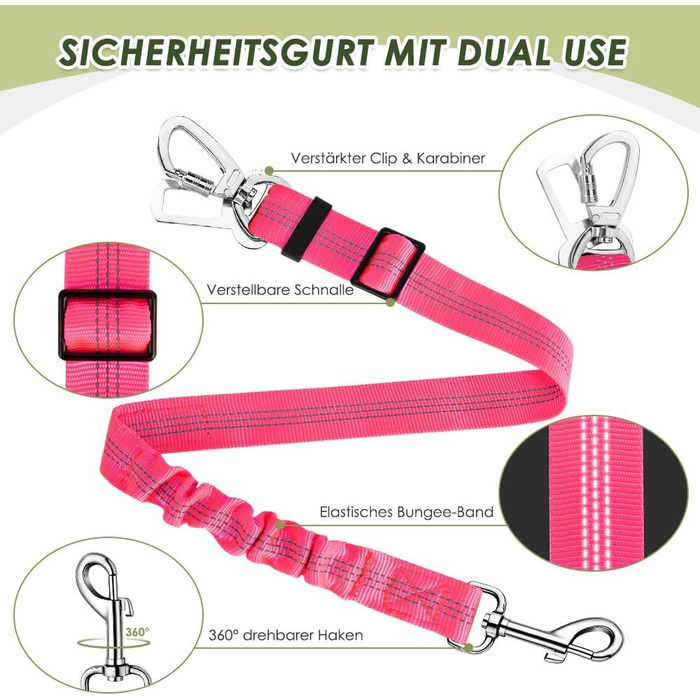 Ремінь безпеки для собак SlowTon, 2 шт. - Автомобільний поводок з регулюванням, еластичний амортизатор, міцний нейлон, світловідбиваючий ремінь безпеки для тварин (флуоресцентний рожевий)