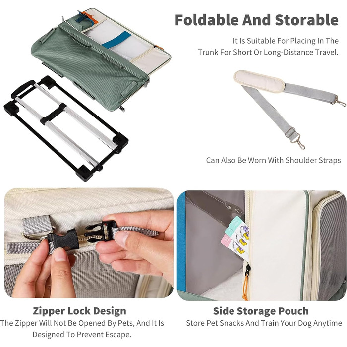 PETCUTE Транспортна сумка для тварин на 2 котів/собак з 2 відділеннями та знімними колесами, дихаюча, для подорожей, прогулянок, кемпінгу, бежево-коричнева