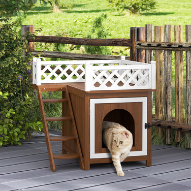 PawHut Cat Cave, Котячий будиночок з ялинового дерева, Котячий будиночок з балконом, Сходи, для кішок, Кролики до 6 кг, Кімнатний, Відкритий 67.5 x 63 x 68.5 см, Коричневий | Аосом