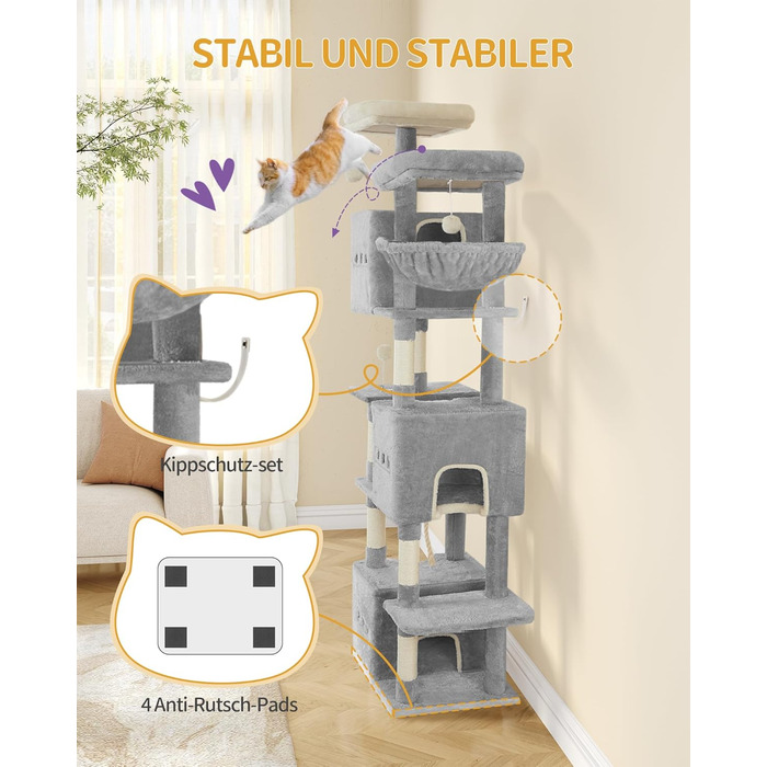 Великий котячий будиночок-кліматизатор, 193 см, XXL, 7 стовпчиків для дряпання, 3 будиночки, 2 платформи, 2 іграшкові кульки, кошик, мотузка для лазіння, багатоповерховий, сірий, MS19218LG