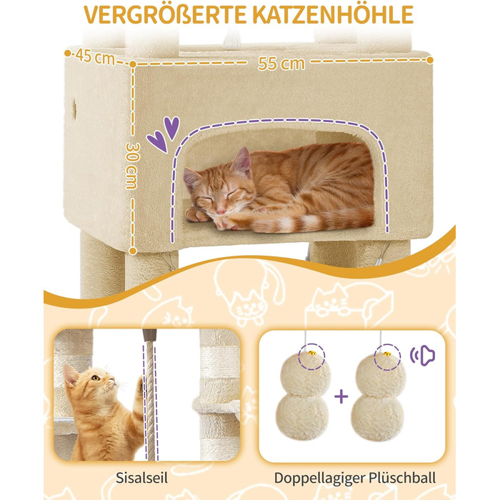 Комплекс для котів Hzuaneri Kratzbaum 156см, 3 платформи, 2 печери, бежевий - ідеальний для багатокотових родин