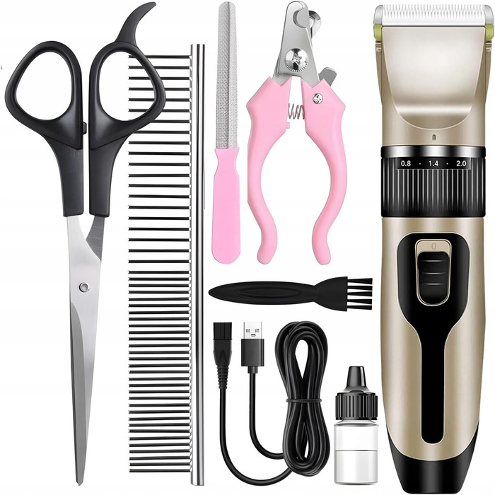Машинка для стрижки собак та котів LTC бездротова з акумулятором, тиха, з керамічним лезом, USB, XXL набір: 4 насадки, пилка, ножиці для кігтів, гребінець для собак