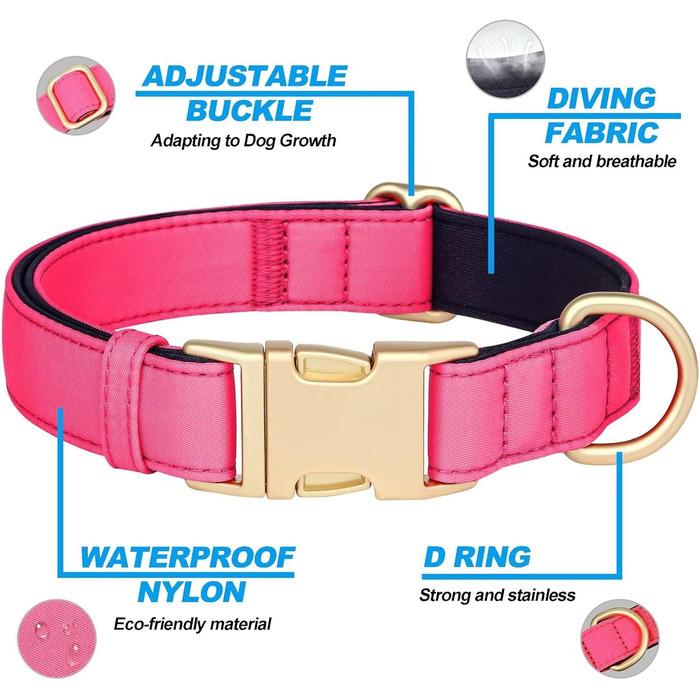 Нашийник для собак Didog з нейлону, м'який, з металевою застібкою, для великих, середніх собак, чорний, M (обхват шиї 38-58 см, рожевий)
