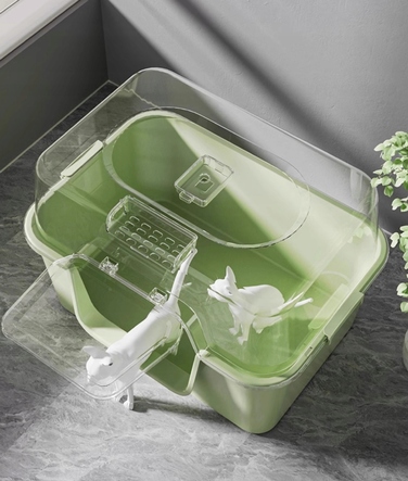 Закритий туалет для котів сірого кольору з лопаткою