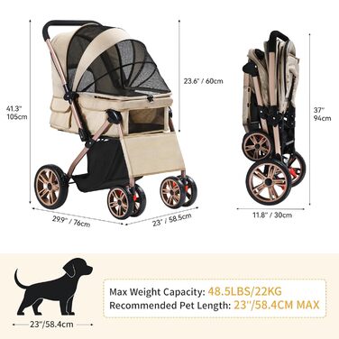 Візок для собак DWVO 3-в-1: візок, переноска, сумка. До 22 кг, EVA-колеса, сітчасті вікна, кошик для речей. Розміри: 58.5x76x105 см