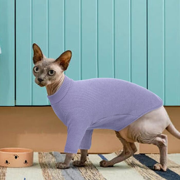Одяг для безшерстої кішки Сфінкс: м'який пуловер з ролетним коміром, футболка та жилет з бавовни (Чорний, XL, A-фіолетовий)