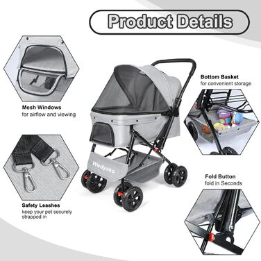 Візок для собак Wedyvko до 20 кг, 4 колеса, складний, для маленьких/середніх собак та котів, з кошиком та тримачем для напоїв, зелений (сірий)