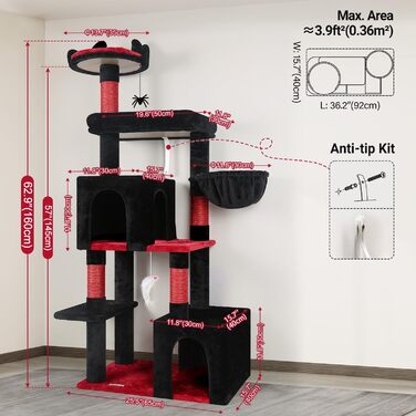 Котячий будинок F62 Gothic 157,5 см, чорний, вежа для котів з великою платформою, дряпка, затишні будиночки для домашніх котів