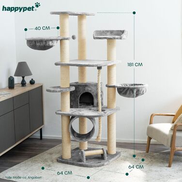 HAPPYPET Дряпка для котів 181 см, стійке котяче дерево, товсті стовпи 11 см, будиночок і ігровий тунель, великі лежанки, канат, сірий
