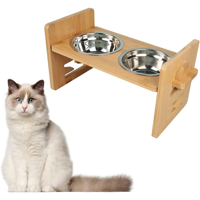 Підвищений годівниця для собак та котів 2-в-1, 4 регульовані висоти, антиковзкий стійкий підставка з нержавіючою чашею, підходить для всіх порід (бамбук)