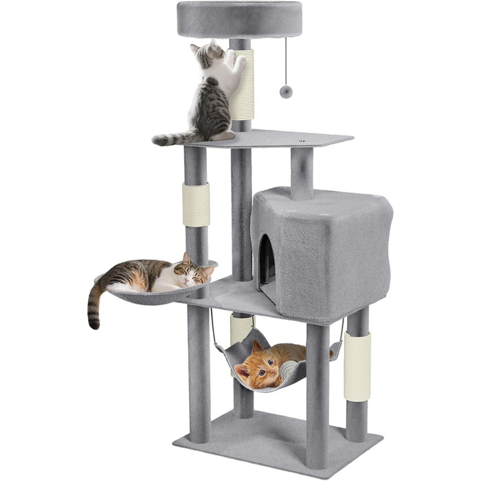 Кігтеточка для котів YRHome Hellgrau (сірий) - багатоярусна з гамаком та будиночком, 133.5 см