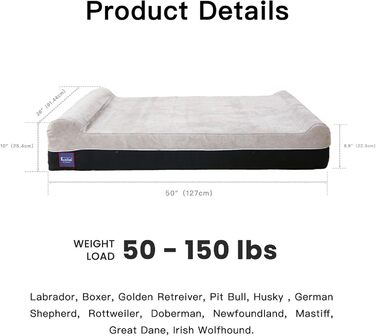 Ортопедичне ліжко для собак Laifug з ефектом пам'яті, велике, водонепроникне, сірий сланцевий колір, 127 x 92 x 23 см