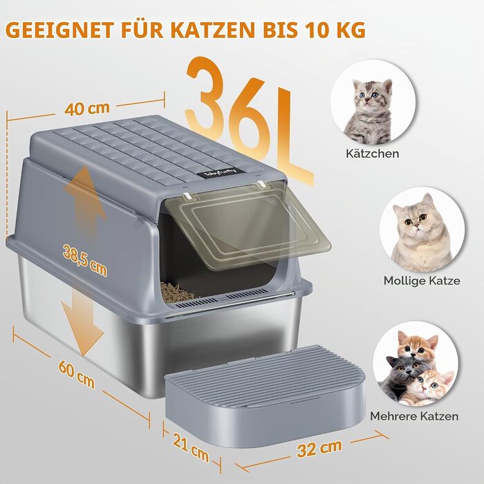 Лоток для котів з нержавіючої сталі XXL, великий туалет для котів 60x40x38,5 см, темно-сірий (набір 2 шт.)