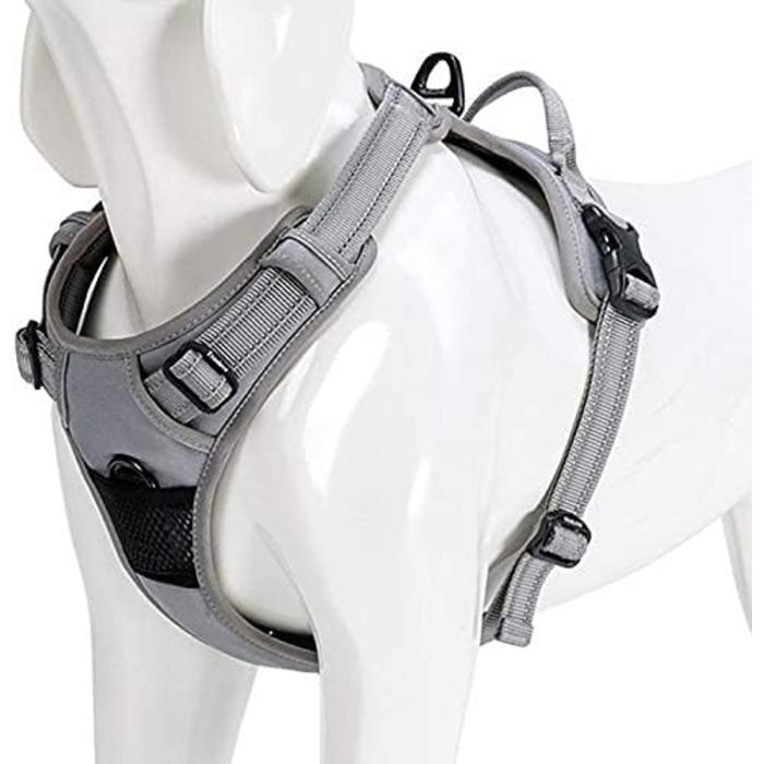 Шлейка для собак Truelove No-Pull з відбиваючими елементами, регульована, з 2 карабінами та ручкою для контролю, для собак малих, середніх та великих порід, TLH5651 S, сіра
