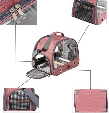 Транспортна сумка для папуг: рюкзак-переноска з підставкою та підносом з нержавіючої сталі, для малих птахів (рожевий)