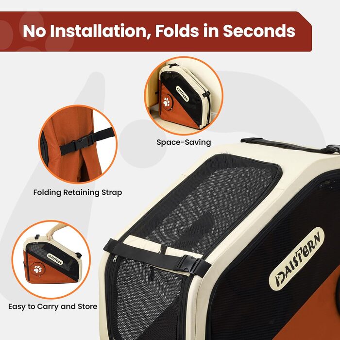 Складана переноска для собак у машину та в подорожі, Softbox для маленьких та середніх собак, швидке складання за 1 хвилину, міцний металевий каркас, дихаючі сітчасті вікна та зручний доступ, коричнева