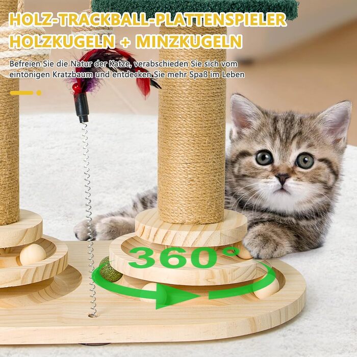 Інтерактивне котяче іграшкове комбо 6-в-1: дерев'яні меблі, кулі, пір'я, м'яч-трекер, котячий когтеточки з сизалю та джуту. Підходить для маленьких та середніх котів. Зелений колір.