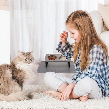 Підвищений годівниця для котів з килимком, нахилений під кутом 15°, годівниця проти блювоти для корму та води, 2 шт. з нержавіючої сталі для котів та цуценят (сірий), 2 миски сірого кольору