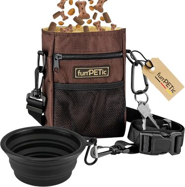 Набір для годування тварин funPETic: сумка для ласощів та складна миска з силікону. Сумка для корму з 4 відділеннями, варіанти носіння, карабін у подарунок. Ідеально для собак, коней та дресирування.