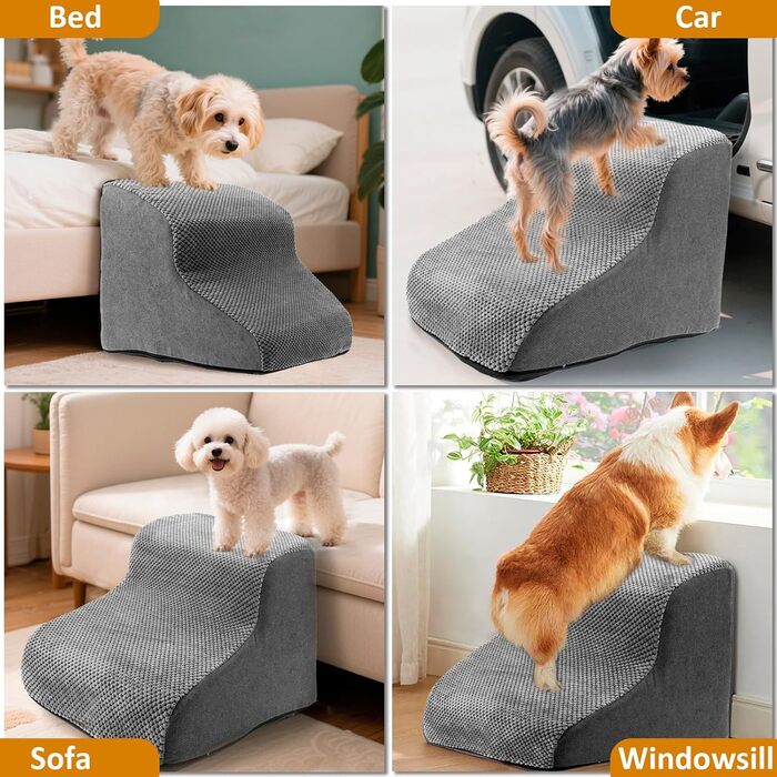 Сходинка для собак, ліжко-сходинка, 5 сходинок для маленьких собак, зручна та миюча, з неслизьким дном, для ліжка, дивану та авто, сіра, розмір S