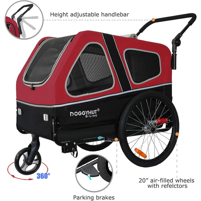 Doggyhut S-Line XL: прогулянка для собак - візок-причеп 2 в 1, до 45 кг, з амортизацією (червоний/чорний)