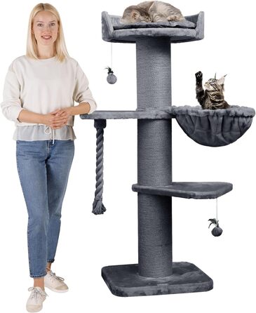 HAPPYPET Premium Котячий Дерево Cooper 150 см для великих котів, кішок Мейн-кун, стовбури 20 см, натуральний сизаль, сірий, стійкий когтеточка-клітер для котів