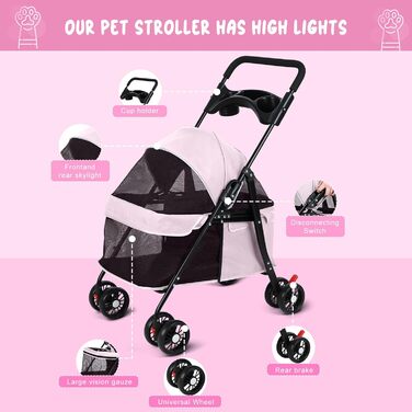 Візок для собак 2 в 1, будівельник для собак до 20 кг, 4 пари коліс 360°, візок для собак/кішок/дітей з тримачем для напоїв, складний візок для маленьких/середніх собак та котів (Рожевий)