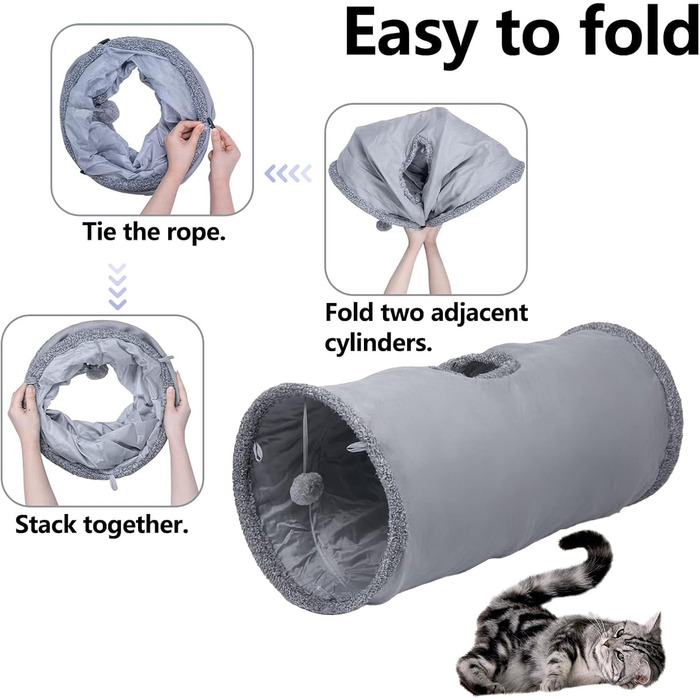 Туннель для котів Mymai з м'яким велюровим покриттям, інтерактивний шурхотливий тунель з 2 підвісними іграшками, ідеальний для кроликів та інших дрібних тварин (Хакі)